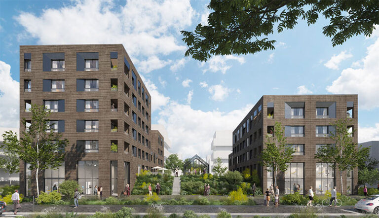 Vue du programme Brownstone depuis le boulevard Mermoz © Pierre Promotion / Atelier du Pont